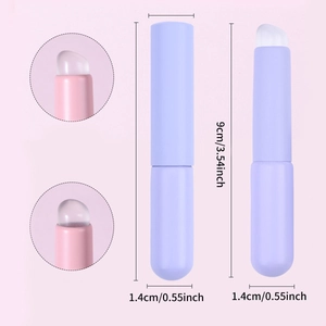 Portable silicone lip brush with cover, 9cm height, in purple and pink soft tones