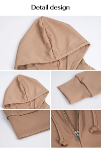 Detail design showing brown ribbed knit texture, zipper, and hooded neckline of a slim-fit jacket