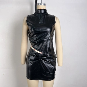 Detail of black PU leather two-piece set with sleeveless stand collar and ruched mini skirt