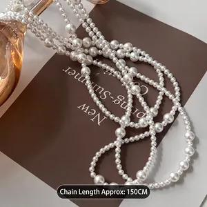 Long multilayer pearl wrap necklace with round beads for a vintage French sweater look