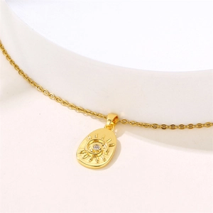 18K gold sun evil eye pendant necklace with diamond accents and slim chain