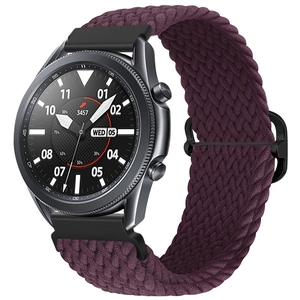 Detail of adjustable slider buckle on deep purple braided nylon elastic watch band