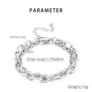 Detailed view of double-layer stainless steel chain bracelet with product dimensions