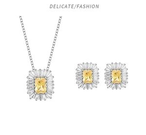 Detailed view of S925 silver jewelry set with yellow rectangular cut gemstones