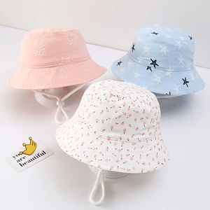 Baby Cotton Bucket Hat Sun Protection Breathable Fisherman Hat Polka Dot Star Cherry Pattern For Infants Toddlers Boys Girls With Windproof Rope