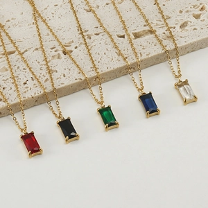 Square zircon necklaces in gold stainless steel with red blue and green gemstone pendants