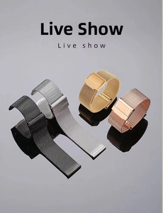 Detail of Milanese mesh watch straps in black, silver, gold, and rose gold finishes