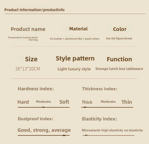 Detailed spec sheet for large PU leather thermal lunch bag showing dimensions and materials