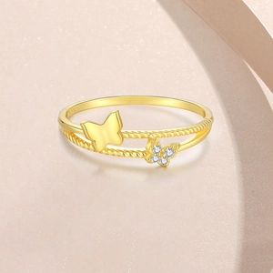 S925 sterling silver butterfly layered ring with sparkling zircons in gold plating