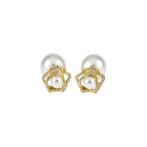 14k gold plated floral pearl stud earrings with elegant French vintage style for women