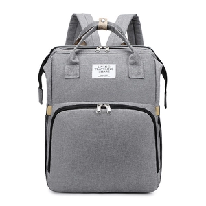 Gray multifunctional baby diaper backpack with large zipper opening and oxford fabric