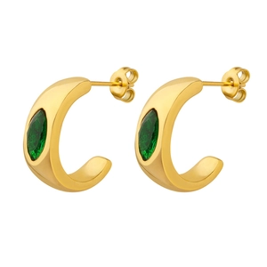 Boucles d'oreilles créoles C dorées vintage avec zircons marquise vert émeraude
