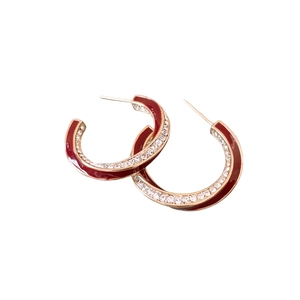 Elegant 18K gold plated hoop earrings with dark red enamel and sparkling rhinestones