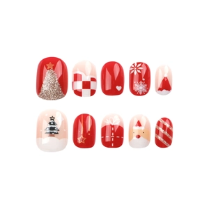 Christmas press-on nail set with 10 pieces featuring red, white and gold holiday designs