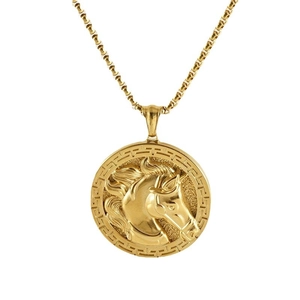 3D embossed horse head pendant necklace with Greek key pattern border in 18k gold plating