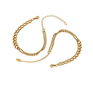 Stainless Steel Spliced Bracelet For Women Elegant Layered Bead And Curb Chain 18K Gold Plated Adjustable Jewelry