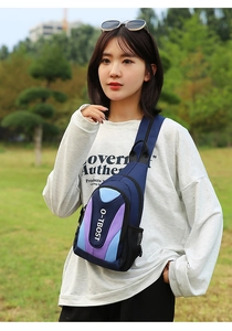 Outdoor multi-functional chest bag in blue and purple with side mesh pocket detail
