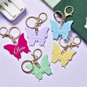 Customized colorful butterfly resin keychains with personalized names and golden rings