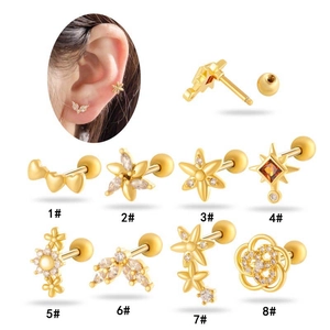 Set of 8 vintage gold titanium steel screw-back earrings with zircon floral heart studs