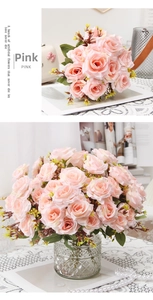 Detailed close-up of pink artificial roses in a glass vase for home decor