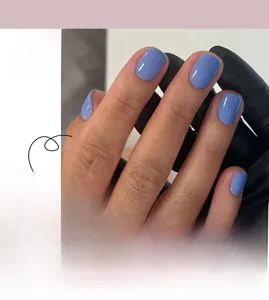 Short square cornflower blue press-on nails with glossy finish for a natural manicure