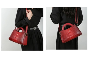 Detailed views of red crocodile texture handbag with V logo and adjustable shoulder strap