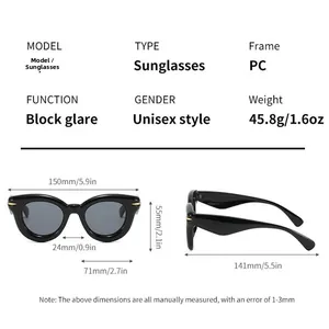 Detailed size specifications for thick frame round sunglasses with PC material and dimensions