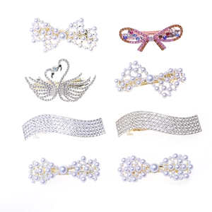 8pcs set of pearl bow and rhinestone swan hair clips in silver and gold metal finish