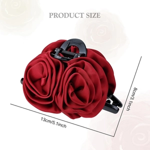 Large red satin rose hair claw clip for women measures 13cm by 8cm with black plastic grip