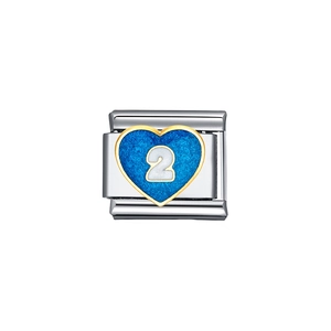 Silver stainless steel charm with blue enamel heart and white number 2 for DIY bracelets