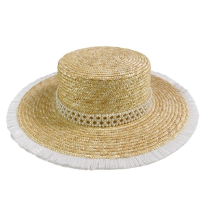 Flat top straw boater hat with pearl ribbon and fringe brim for summer beach vacation