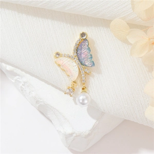14k gold butterfly pendant with pink blue wings, tiny zircons and white pearl drop