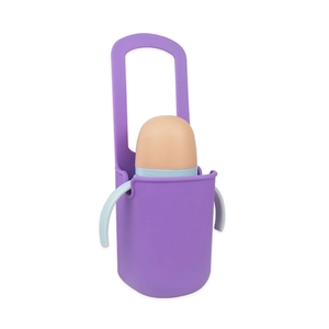 Purple silicone cup holder for strollers and bicycles with universal bottle strap