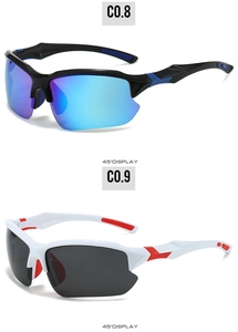 Vue détaillée à 45 degrés de lunettes de sport polarisées avec verres bleus et gris