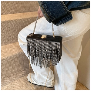 Detail of luxury black clutch bag featuring silver rhinestone fringe and pearl handle