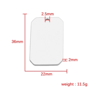 Technical drawing showing dimensions and weight of the polished stainless steel rectangular tag