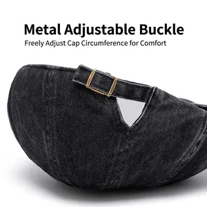 Washed denim newsboy hat with adjustable bronze metal buckle for a custom fit