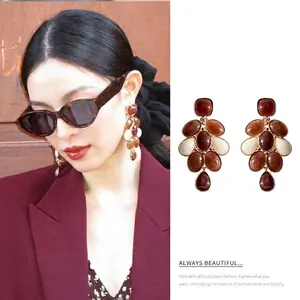 Vintage Oval Resin Dangle Tassel Earrings With 925 Sterling Silver Earring Post Retro Maillard Style For Women