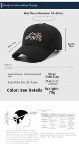 Size chart showing baseball cap dimensions and head circumference measurement guide