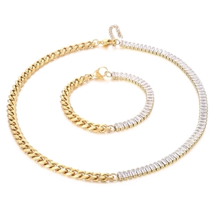 Stainless Steel Cuban Link Necklace And Bracelet With Rectangular Zircon Hip Hop Fashion Jewelry For Women