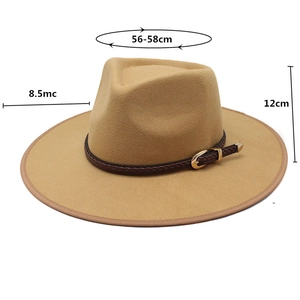 Detail of wool fedora hat with dimensions 56-58cm, 8.5cm brim, and 12cm height