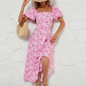 Floral Print Polyester Midi Dress Square Neck Puff Short Sleeve Backless Lace Up High Waist Summer Vacation For Women