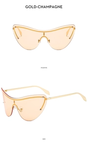 Detailed front and side views of rimless cat-eye sunglasses in gold-champagne finish