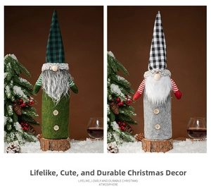 Detail of Gnome wine bottle covers with plaid hats and faux beards for Christmas