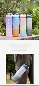 Detail of 32oz gradient frosted water bottles with time markers and carrying straps