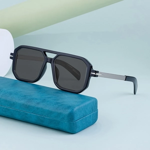 Men's square polarized sunglasses with black frames and silver metal temples on blue case