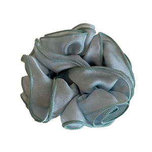 French style light blue satin flower hair scrunchie with decorative stitched edges