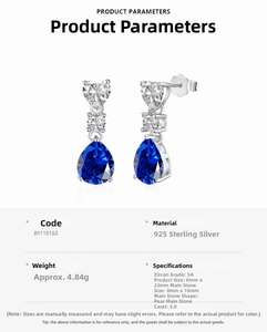 Detail of 925 sterling silver earrings featuring pear-cut 3ct blue zircon stones