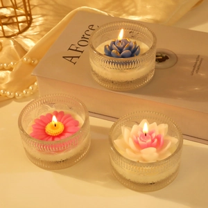Floral scented candle set in embossed glass cups with rose and lotus designs