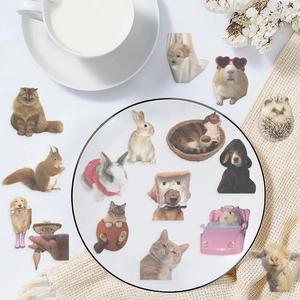 Realistic cat and dog meme stickers displayed creatively around a white coffee cup and plate